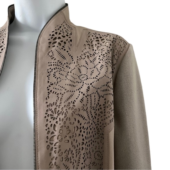 Elie Tahari Shira Leather Jacket Size Large Laser Cut Sahara Khaki - Picture 4 of 15